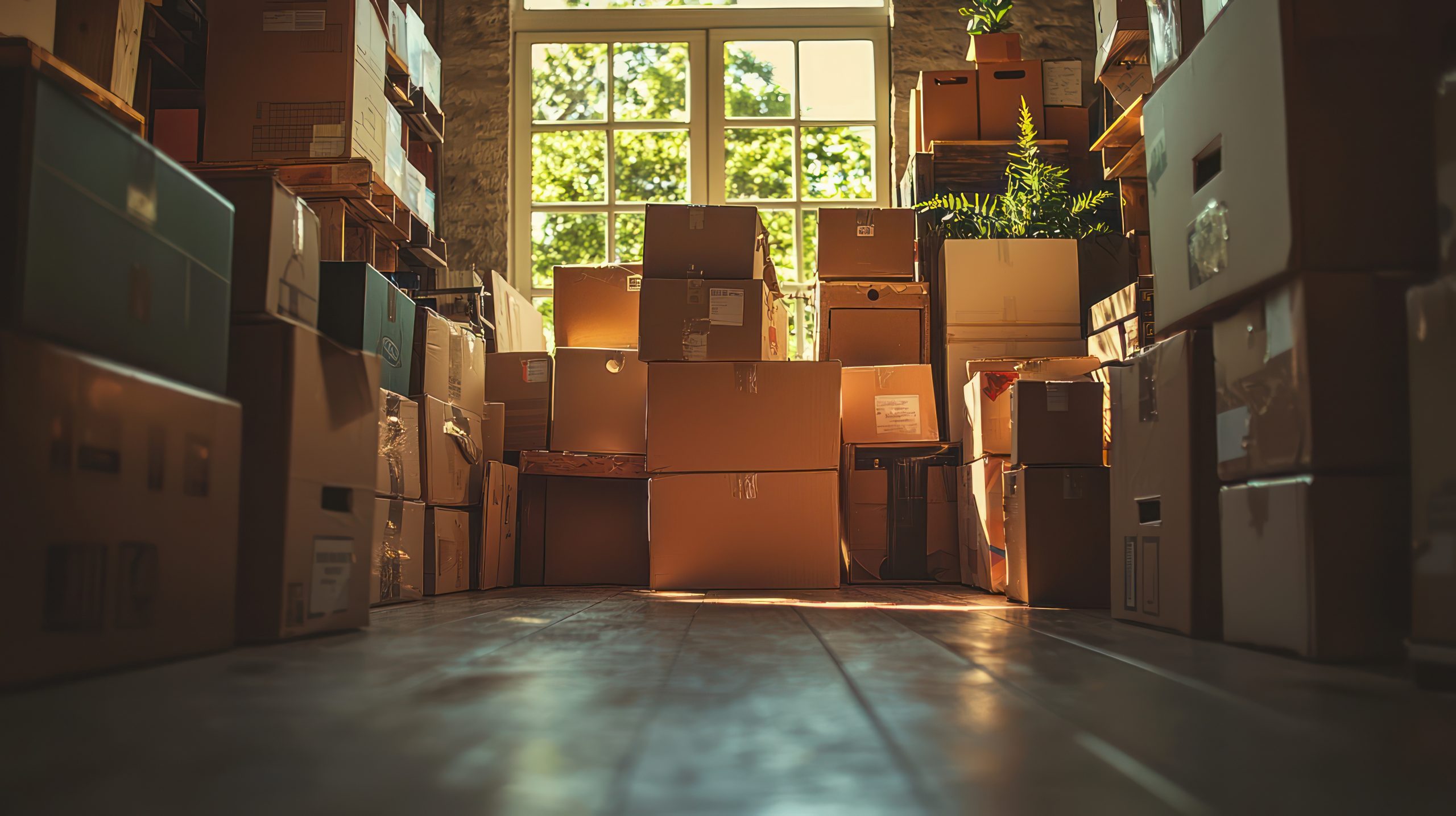 A snapshot of moving boxes and household items stored in a temporary storage space, illustrating the process of organization and decluttering before a move.